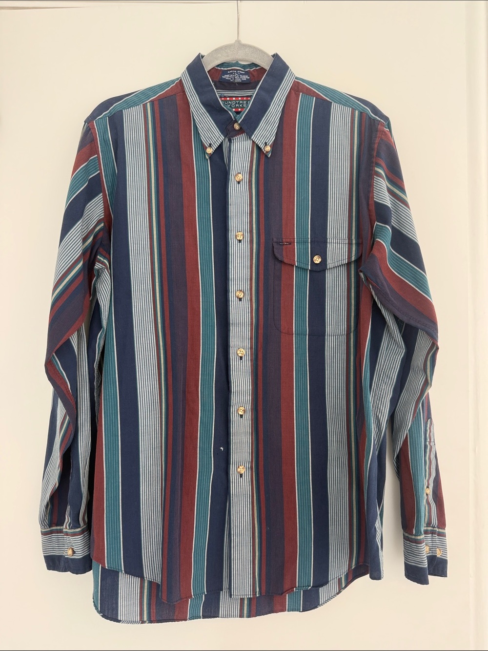 VintageRoundtree & Yorke Navy, Teal & Burgundy Vertical Stripe Button-Down Shirt